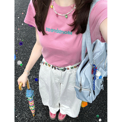 韩系雾玫粉色正肩短袖t恤女夏季