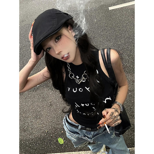 美式复古手绘字母吊带背心女夏季