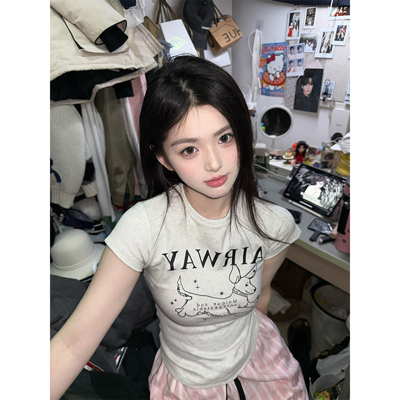 美式辣妹正肩t恤女夏季腊肠狗