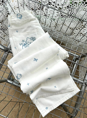 可爱卡通kitty猫刺绣白色牛仔裤女夏薄款高腰显瘦直筒宽松阔腿裤