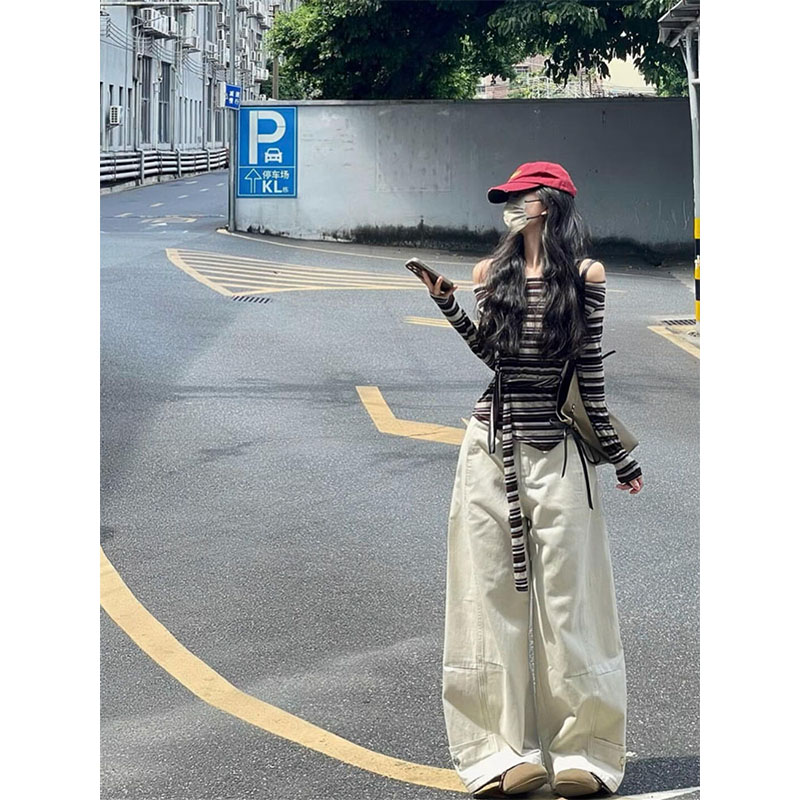 韩系复古条纹绑带斜肩上衣女早秋