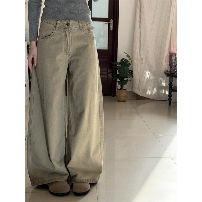 美式复古卡其色高腰直筒牛仔裤女