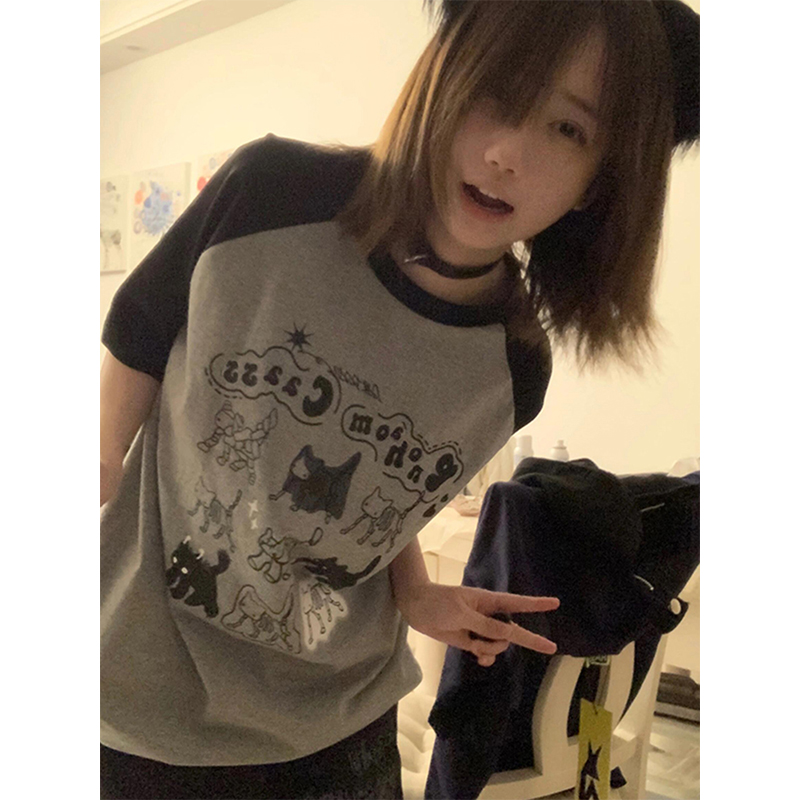 美式复古甜酷猫咪印花短袖t恤女夏季撞色插肩设计感小众半袖上衣