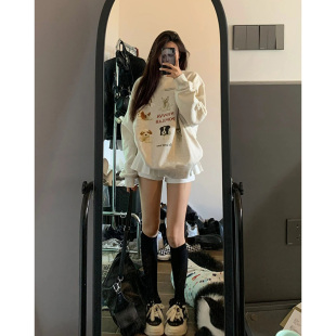 上衣 chic慵懒风无帽长袖 美式 复古潮牌oversize圆领卫衣女春秋新款