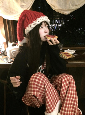 红色格纹羊羔绒拼接加绒裤子女秋冬季休闲宽松直筒阔腿裤保暖长裤