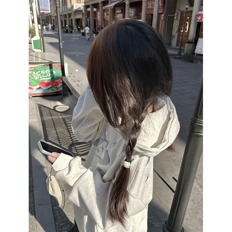 美式星星刺绣白灰色连帽卫衣女冬