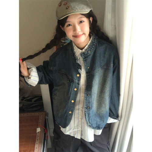 日系复古做旧水洗小个子牛仔外套女春秋季设计感chic港风夹克上衣