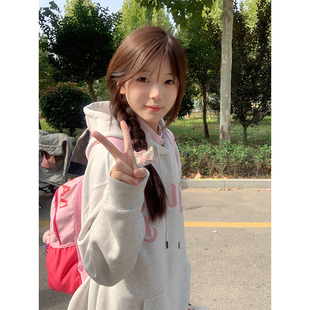 国潮美式 字母加绒加厚连帽卫衣女秋冬高街慵懒chic小个子甜妹外套