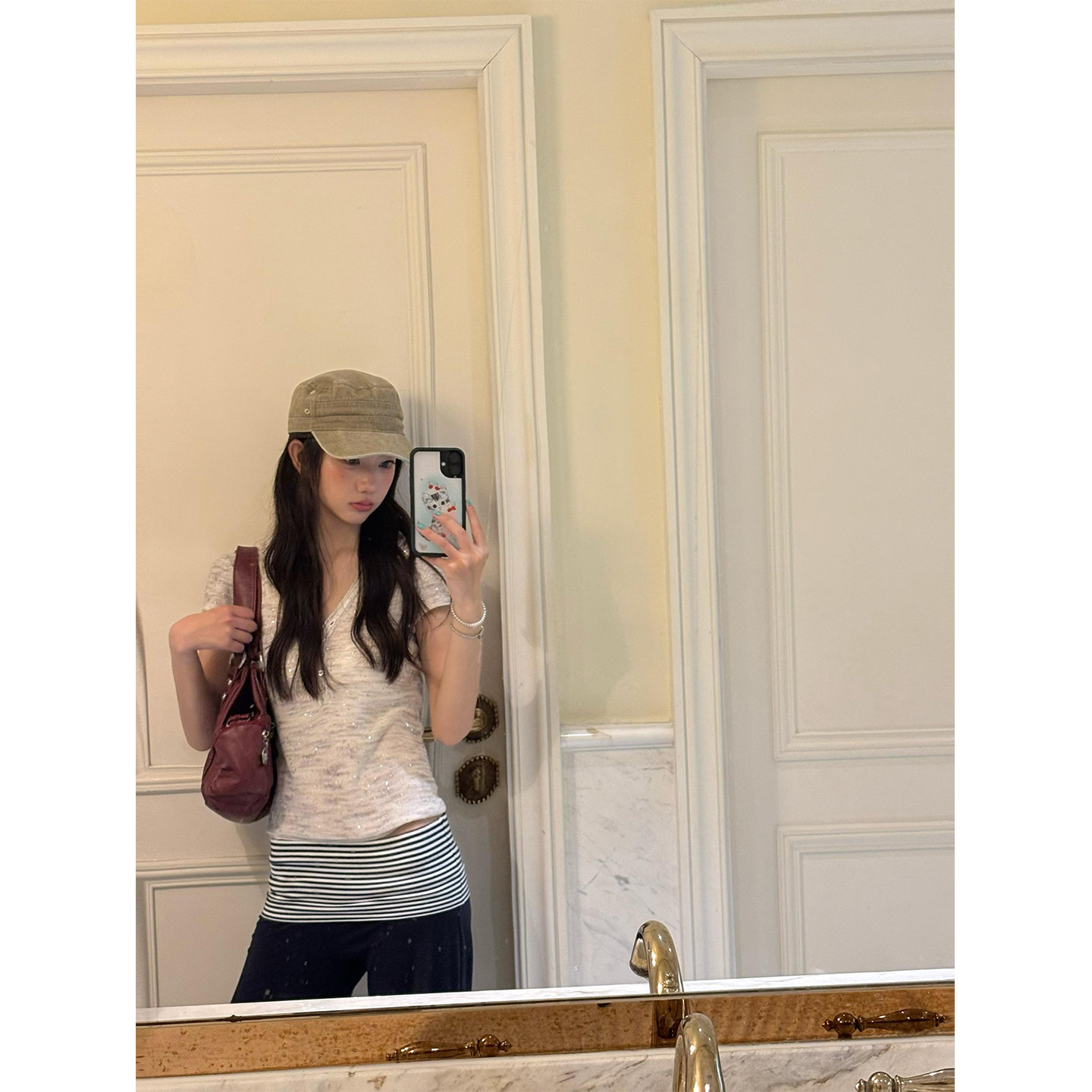 韩系闪片彩纱麻棉亨利V领短袖t恤女夏季复古收腰显瘦修身针织上衣