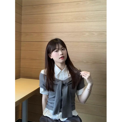 一字肩扭结针织衫短袖女夏季2025