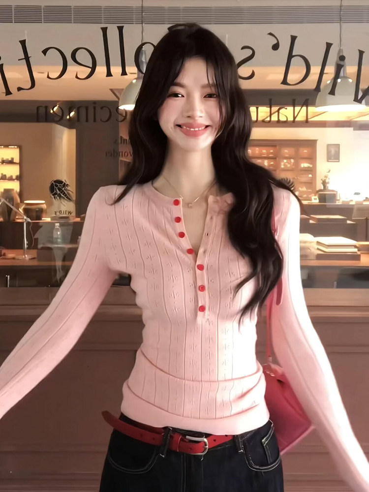 韩系甜美粉色V领长袖针织衫女秋冬修身内搭打底衫巨好看辣妹上衣,女装/女士精品,毛针织衫,淘宝优惠券,粉丝福利购,淘宝优惠卷