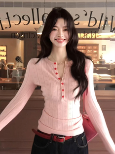 韩系甜美粉色V领长袖针织衫女秋冬修身内搭打底衫巨好看辣妹上衣