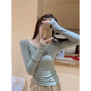 韩系保暖德绒u领内搭打底衫女秋冬季修身收腰正肩辣妹长袖t恤上衣