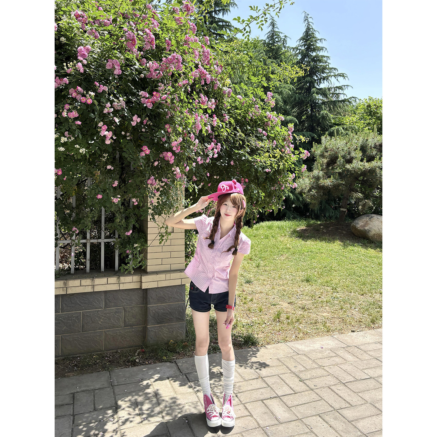 韩系掐腰粉色条纹正肩口袋衬衫女夏季短袖修身显瘦独特气质上衣潮