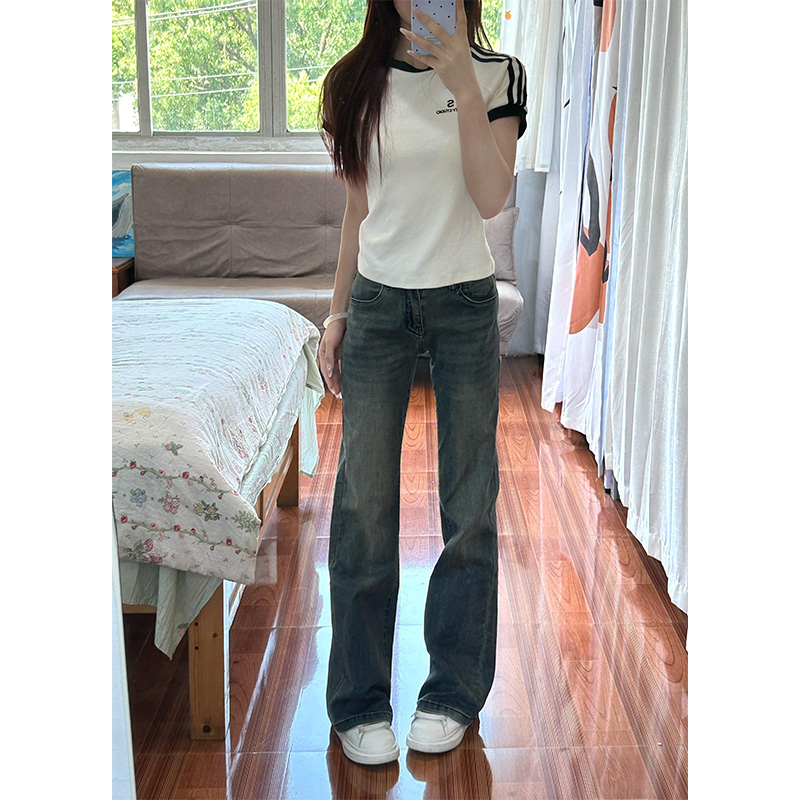 美式复古直筒微喇牛仔裤女春季