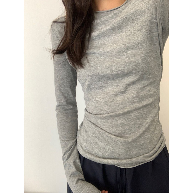 纯欲辣妹正肩长袖T恤女早秋季修身收腰卷边设计感小众打底衫上衣,女装/女士精品,T恤,淘宝优惠券,粉丝福利购,淘宝优惠卷