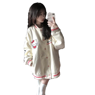 国潮kt猫咪刺绣小个子棒球服女春秋新款oversize美式复古夹克外套