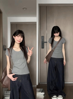 美式u领正肩灰色短袖t恤女夏季短款修身显瘦纯棉小个子甜辣妹上衣