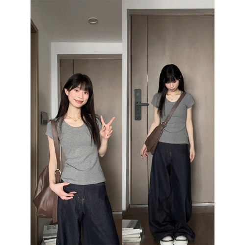 美式u领正肩灰色短袖t恤女夏季