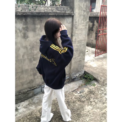 美式复古字母刺绣连帽卫衣女秋冬