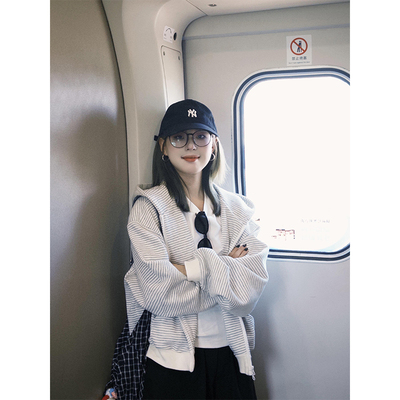 美式复古条纹拉链开衫连帽卫衣女