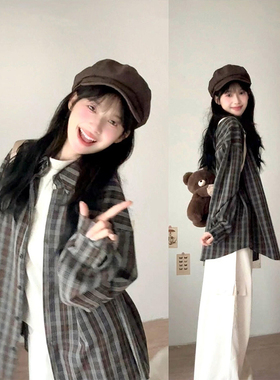 咖灰色复古格子衬衫外套女春秋宽松设计感上衣早秋小个子长袖衬衣