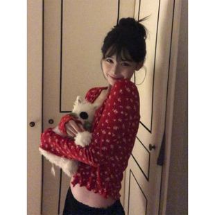 红色碎花短款开衫吊带两件套装女春季新款韩系长袖新年氛围感上衣