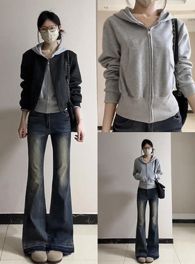 灰色短款连帽卫衣外套女秋冬2025新款加绒加厚小个子收腰开衫上衣