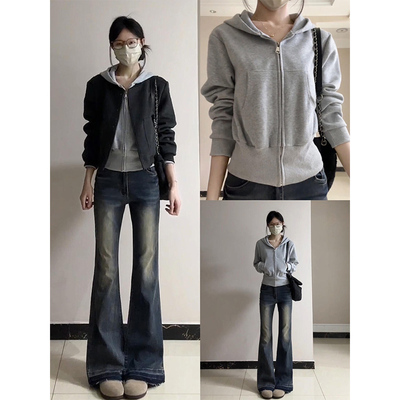灰色短款连帽卫衣外套女秋冬加绒