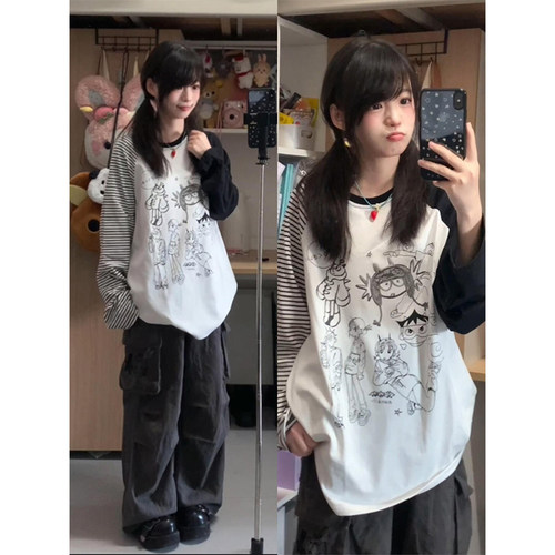 美式复古手绘卡通图案长袖t恤女