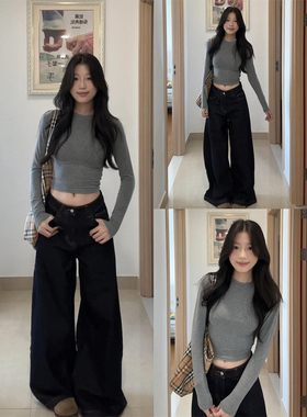 灰色正肩长袖t恤女秋季2025新款修身显瘦基础百搭打底衫内搭上衣