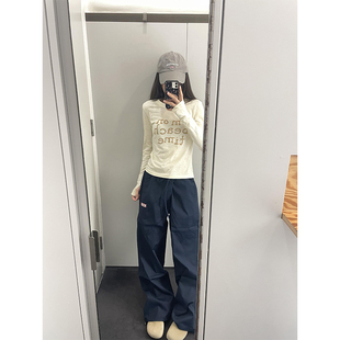上衣 杏色正肩长袖 t恤女春秋2025新款 撞色字母修身 显瘦内搭打底衫