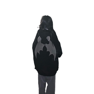 美式高街连帽恶魔角刺绣卫衣女春秋潮ins加绒慵懒风oversize外套