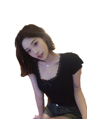 纯欲蕾丝花边蝴蝶结短袖t恤女夏