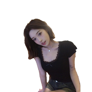 纯欲蕾丝花边蝴蝶结正肩短袖t恤女夏季甜辣妹u领紧身显瘦收腰上衣