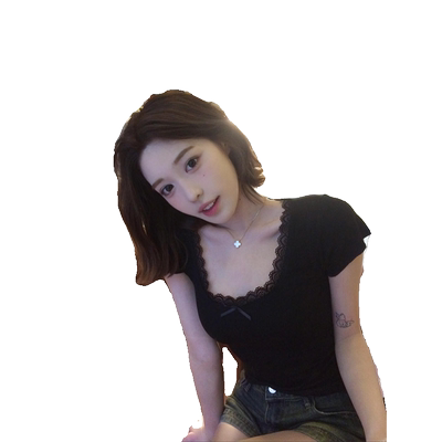 纯欲蕾丝花边蝴蝶结短袖t恤女夏