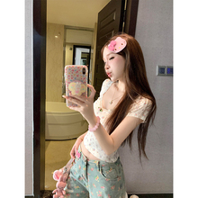 绝美碎花u领蕾丝花边短袖t恤女夏季短款纯欲修身显瘦正肩辣妹上衣