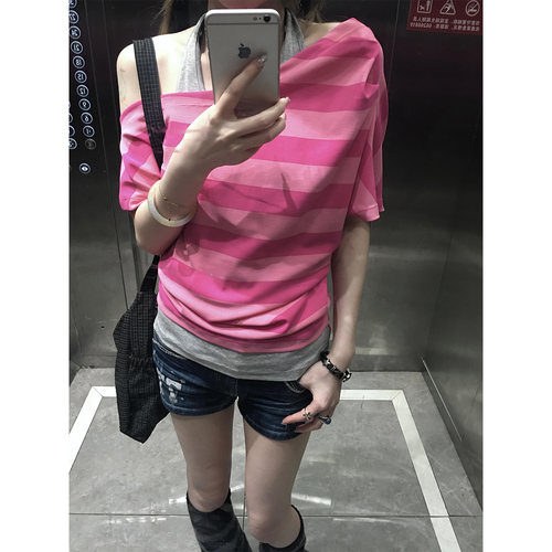 挂脖吊带斜肩假两件短袖t恤女夏