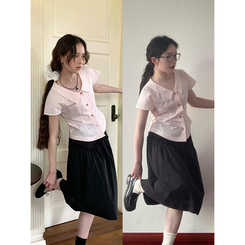 学院风粉色短袖衬衫女夏法式别致图片