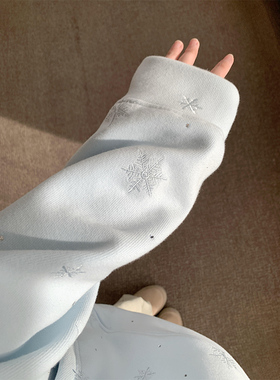 奶fufu蓝色雪花刺绣烫钻连帽卫衣女冬季加绒加厚休闲宽松显瘦外套