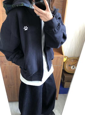 国潮狗爪刺绣格纹拼接连帽卫衣女秋冬小个子拉链开衫慵懒chic外套