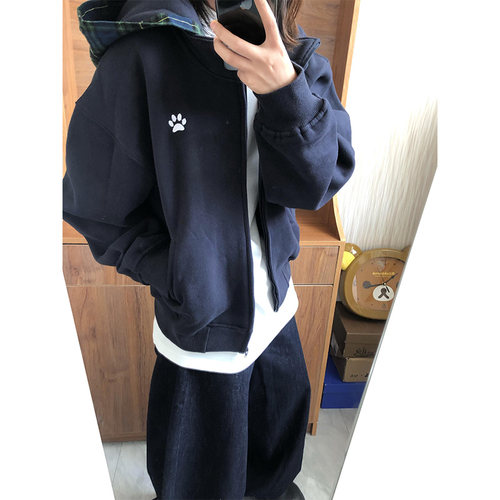 国潮狗爪刺绣格纹拼接连帽卫衣女