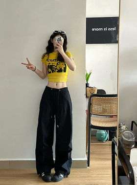 美式辣妹黄色正肩短袖t恤女夏季多巴胺修身百搭甜辣短款紧身上衣
