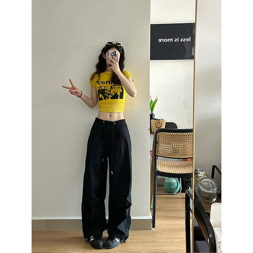 美式辣妹黄色正肩短袖t恤女夏季