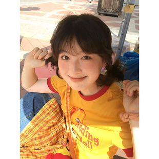 美式 多巴胺正肩辣妹宽松上衣 复古撞色拼接杨桃印花短袖 t恤女夏季