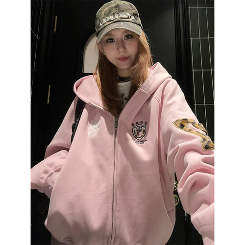 国潮牌豹纹绒刺绣连帽拉链卫衣女