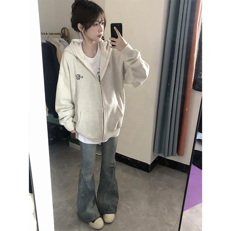 美式复古oversize灰色卫衣外套女