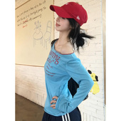 高级感修身 美式 露肩斜肩上衣 长袖 t恤女夏季 辣妹防晒罩衫 蓝色薄款