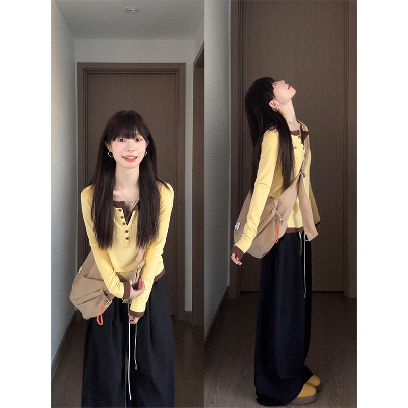 韩系休闲风黄色假两件长袖t恤女