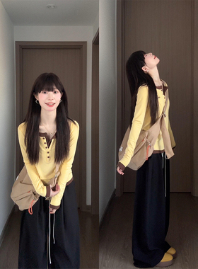 韩系休闲风黄色假两件长袖t恤女2025早秋新款设计感气质修身上衣